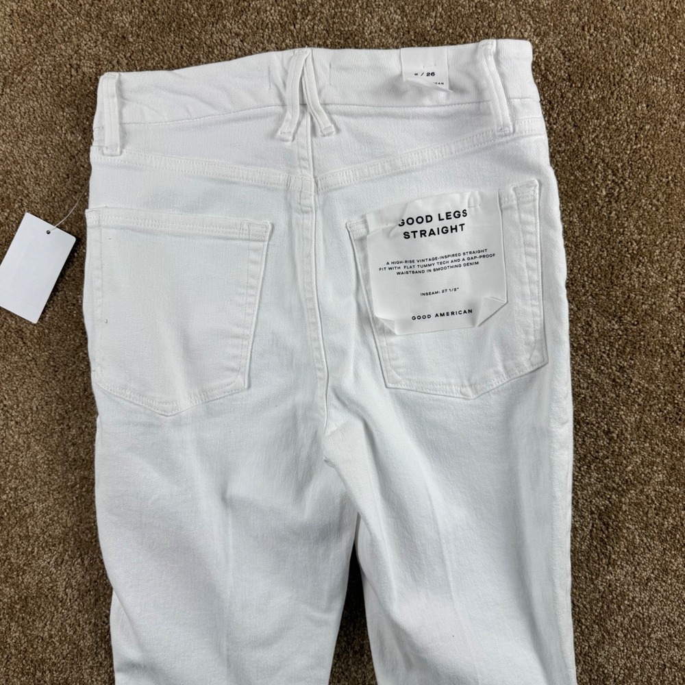 Good American Good Legs Straight White High Rise Raw Hem Jeans 2/26 $99 NEW - Picture 12 of 16